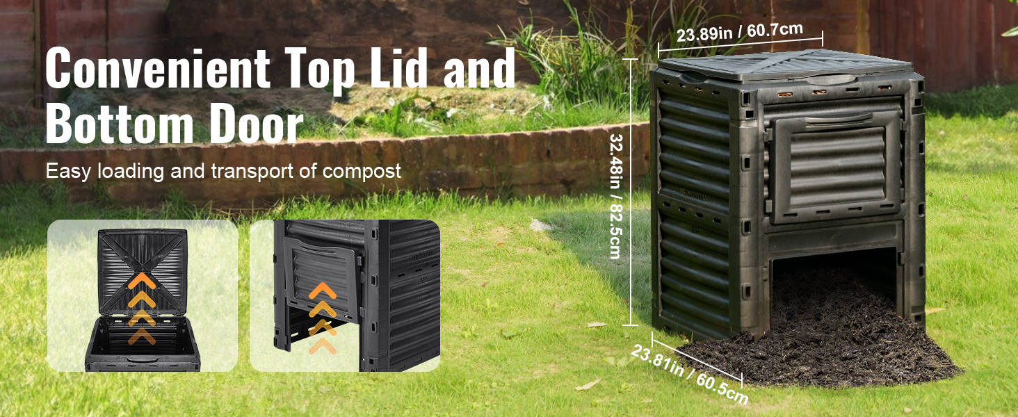 VEVOR garden compost bin in yard with top lid and bottom door, dimensions shown for easy composting.