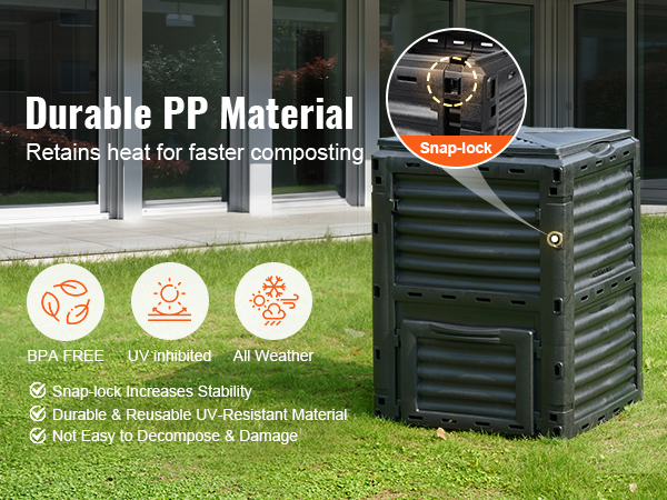 VEVOR garden compost bin made of durable pp material, features snap-lock for stability and uv resistance.