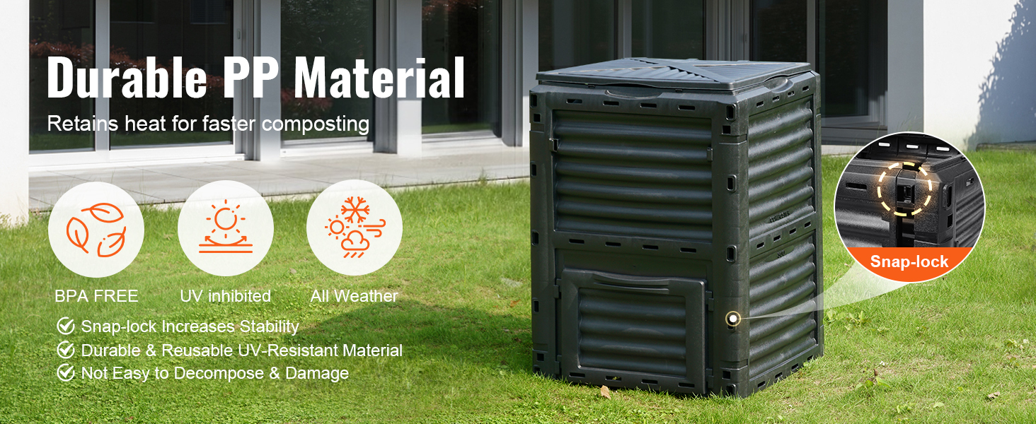 VEVOR garden compost bin made of durable pp material, features snap-lock for stability and uv resistance.