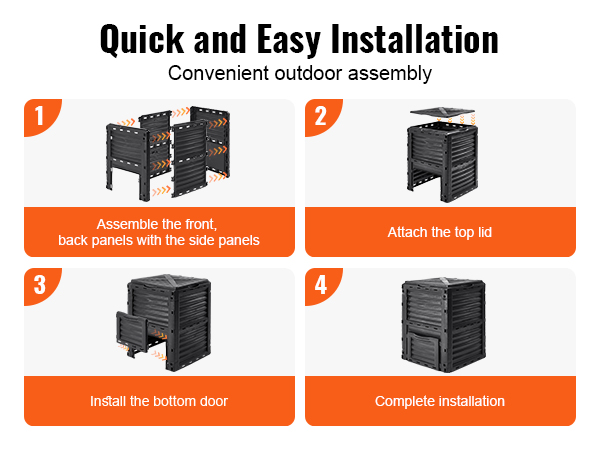 steps to assemble VEVOR garden compost bin: connect panels, add top lid, install bottom door, complete bin.
