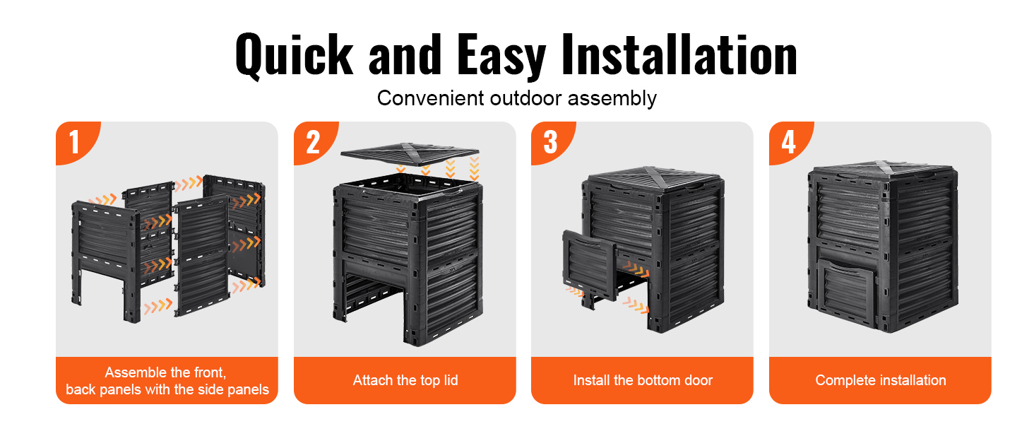 steps to assemble VEVOR garden compost bin: connect panels, add top lid, install bottom door, complete bin.