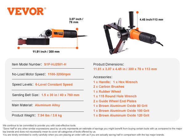 VEVOR pipe tube polisher with 6-level speed, aluminum alloy, and multiple accessories. model s1p-hj2501-h.