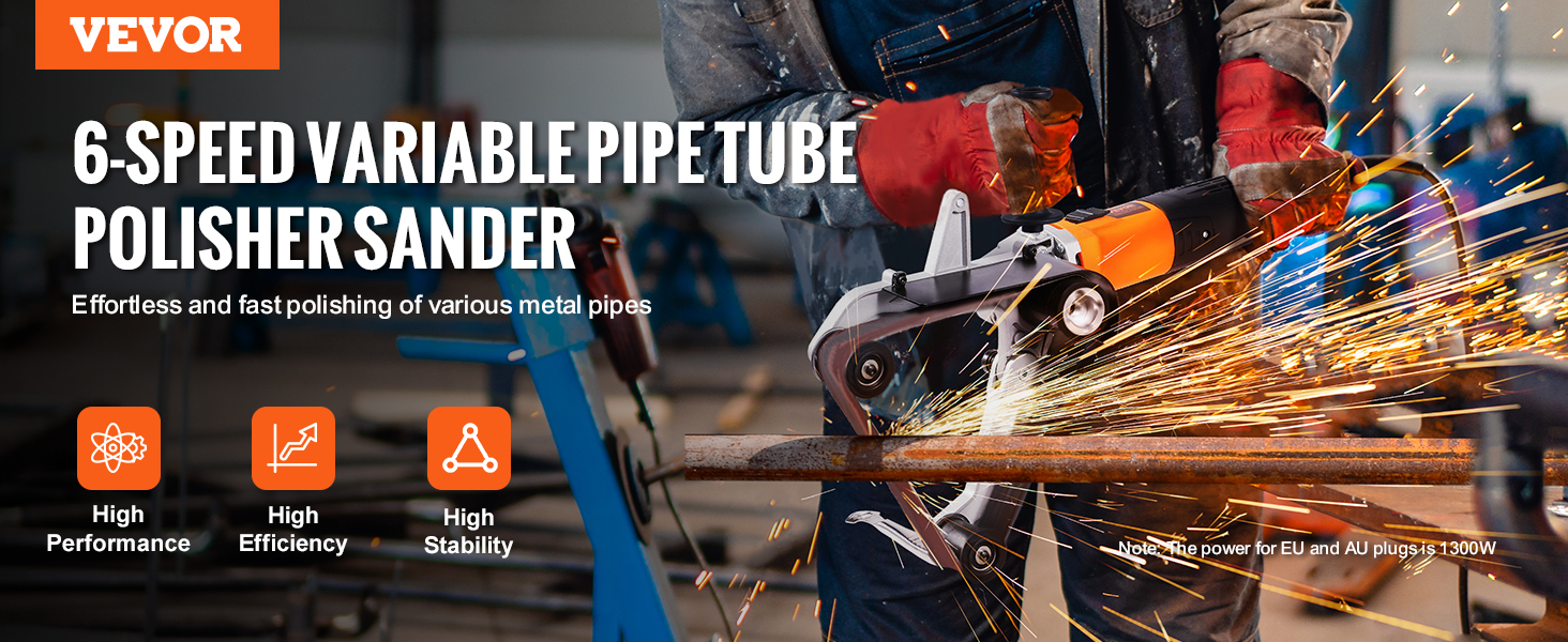 VEVOR pipe tube polisher with 6-speed variable control polishing metal pipes, features high performance.