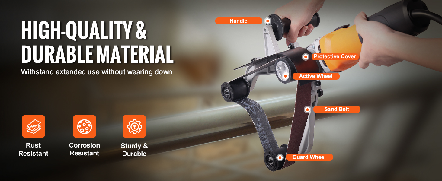 VEVOR pipe tube polisher in use, highlighting handle, protective cover, active wheel, sand belt, and guard wheel.