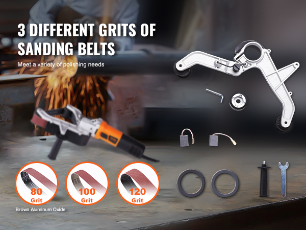 VEVOR pipe tube polisher with three grits of sanding belts (80, 100, 120) for versatile polishing needs.