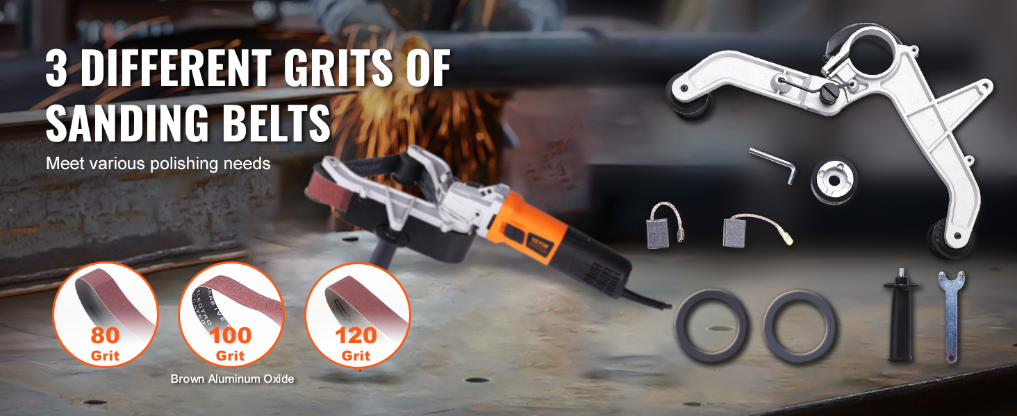 VEVOR pipe tube polisher with three grits of sanding belts (80, 100, 120) for versatile polishing needs.
