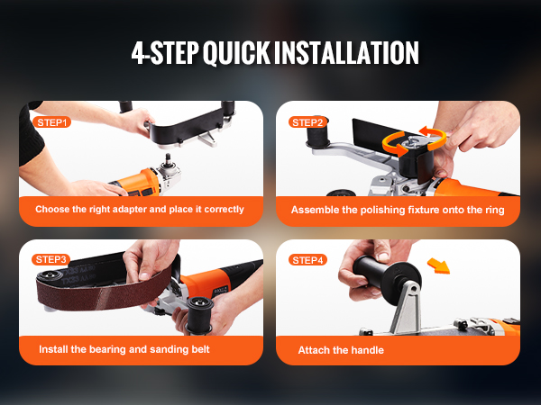4-step guide to install VEVOR pipe tube polisher: adapter setup, drive wheel, sanding belt, handle attachment.