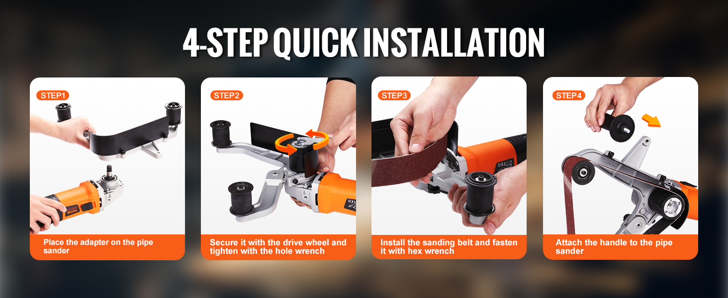 4-step guide to install VEVOR pipe tube polisher: adapter setup, drive wheel, sanding belt, handle attachment.