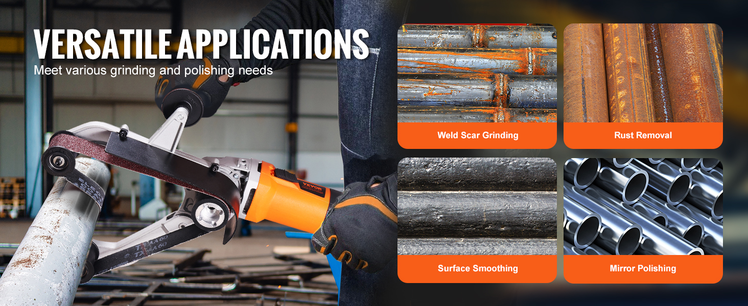 VEVOR pipe tube polisher in action for weld scar grinding, rust removal, surface smoothing, and mirror polishing.