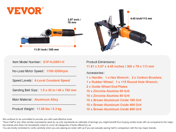 VEVOR pipe tube polisher s1p-hj2501-h specs and dimensions with accessories list displayed.