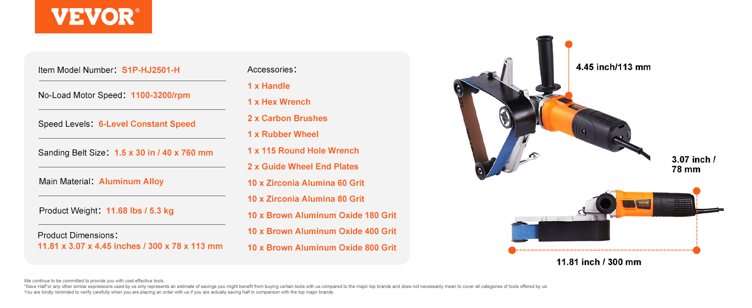 VEVOR pipe tube polisher s1p-hj2501-h specs and dimensions with accessories list displayed.