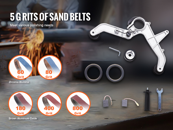VEVOR pipe tube polisher with various grit sand belts for polishing needs, including 60, 80, 180, 400, and 800 grit.
