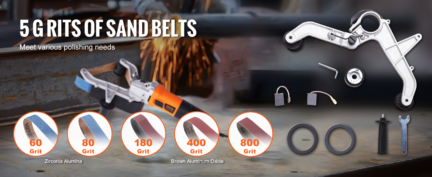 VEVOR pipe tube polisher with various grit sand belts for polishing needs, including 60, 80, 180, 400, and 800 grit.