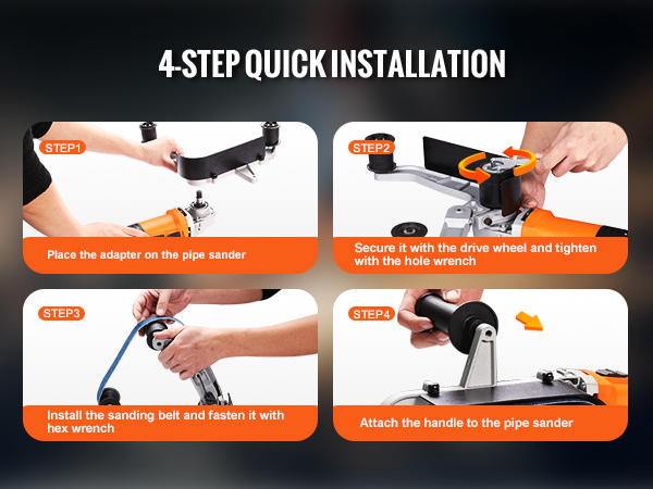 4-step guide for quick installation of VEVOR pipe tube polisher, includes adapter, drive wheel, handle.