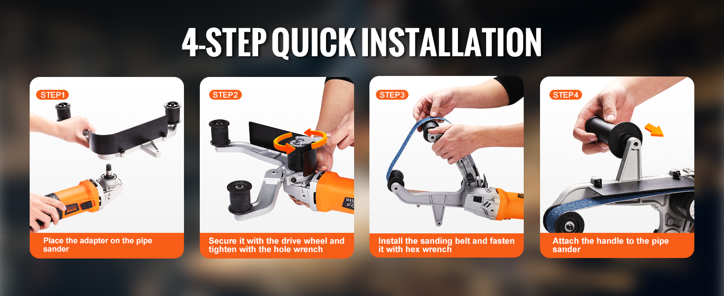 4-step guide for quick installation of VEVOR pipe tube polisher, includes adapter, drive wheel, handle.