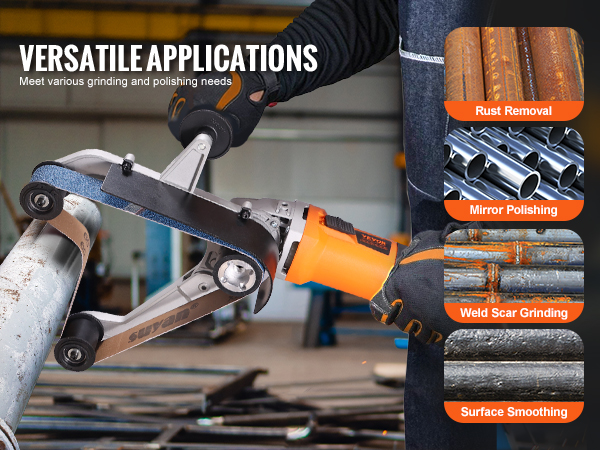 versatile VEVOR pipe tube polisher for weld scar grinding, rust removal, surface smoothing, and mirror polishing.