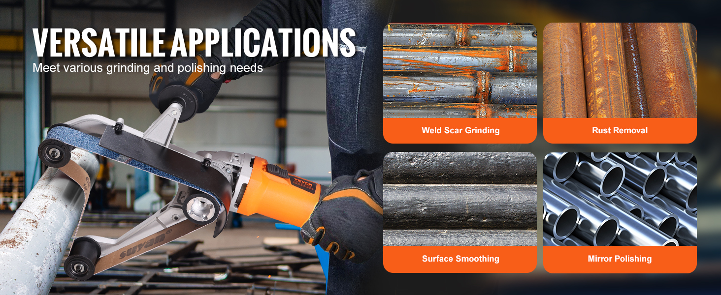 versatile VEVOR pipe tube polisher for weld scar grinding, rust removal, surface smoothing, and mirror polishing.