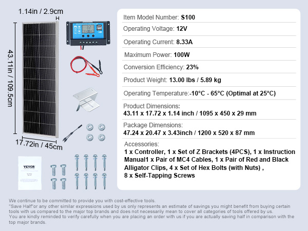 VEVOR solar panel kit, 100w, 8.33a, 12v, includes controller, brackets, cables, alligator clips, screws.