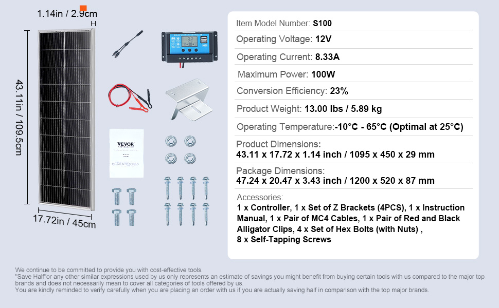 VEVOR solar panel kit, 100w, 8.33a, 12v, includes controller, brackets, cables, alligator clips, screws.