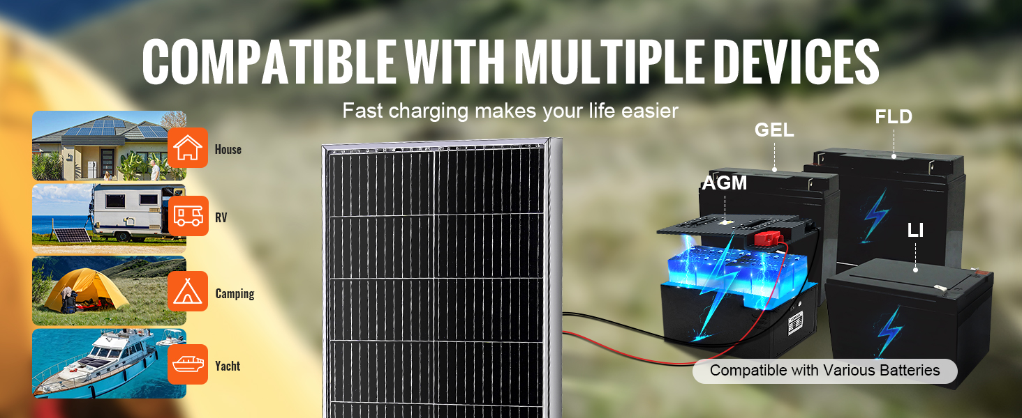 VEVOR solar panel kit compatible with houses, rvs, camping, and yachts, supporting various battery types.