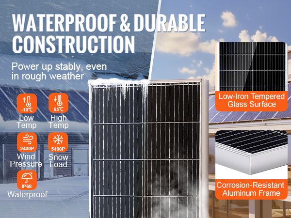 VEVOR solar panel kit showcasing durability, waterproof and corrosion-resistant features in various weather.