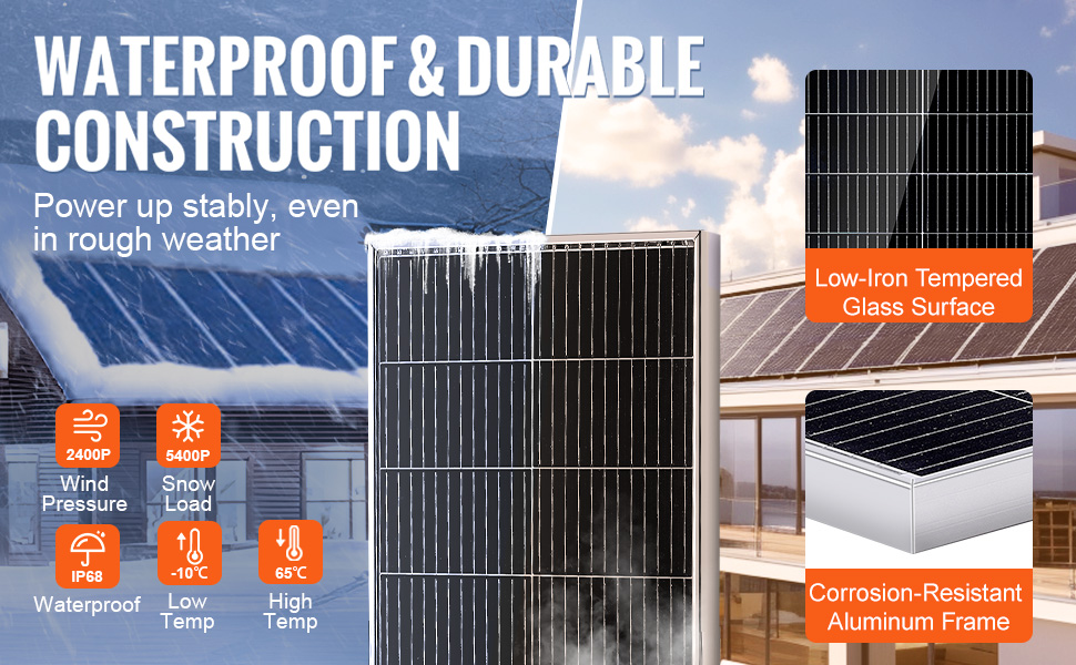 VEVOR solar panel kit showcasing durability, waterproof and corrosion-resistant features in various weather.