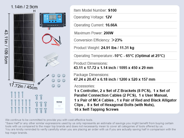 VEVOR monocrystalline solar panel kit with accessories, dimensions, and technical specifications.