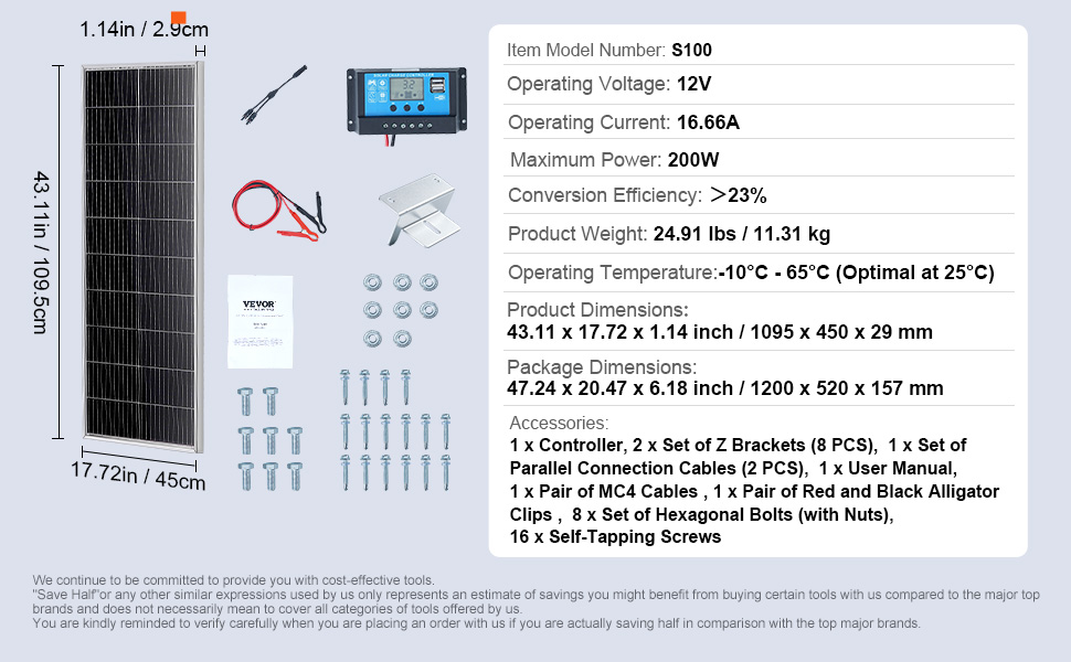 VEVOR monocrystalline solar panel kit with accessories, dimensions, and technical specifications.