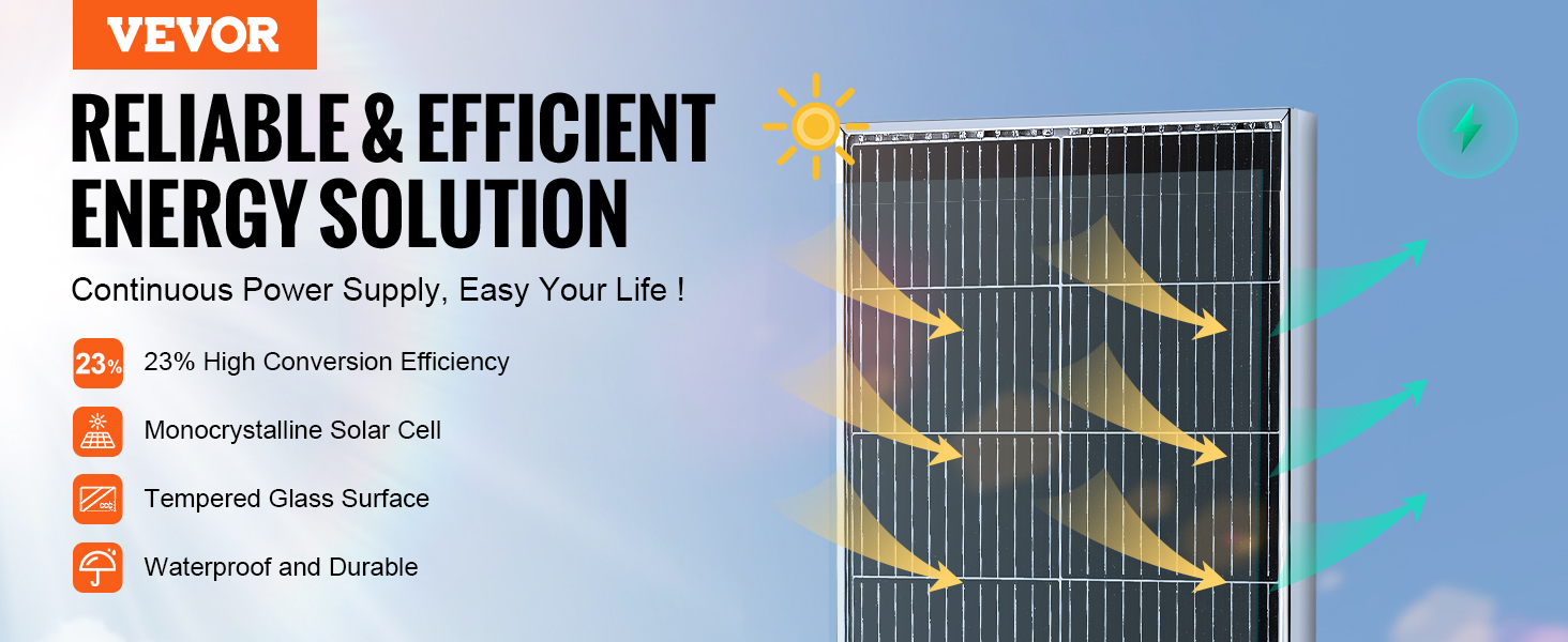 VEVOR monocrystalline solar panel kit: 23% efficiency, tempered glass, waterproof and durable.