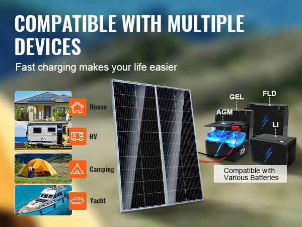 VEVOR monocrystalline solar panel kit for house, rv, camping, yacht, and various battery types.