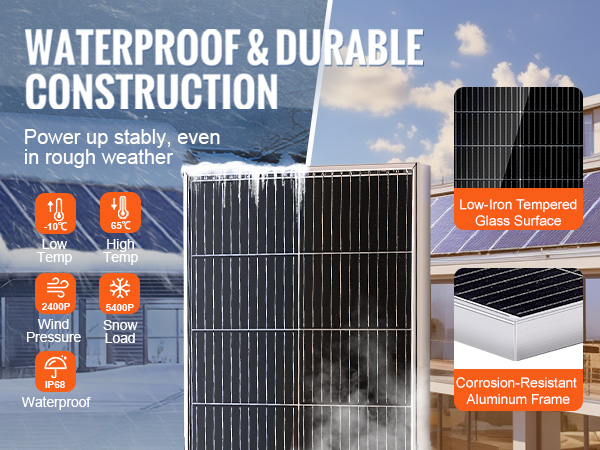waterproof VEVOR monocrystalline solar panel kit on snowy cabin roof and modern house with specs highlights.