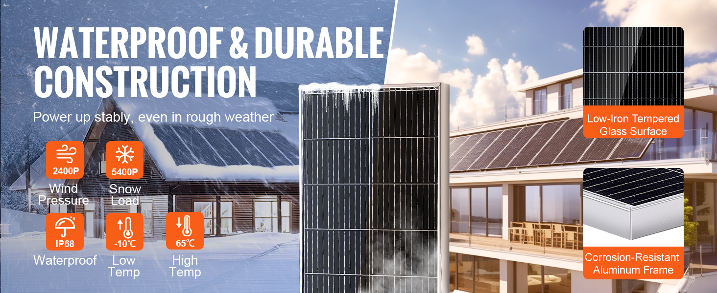 waterproof VEVOR monocrystalline solar panel kit on snowy cabin roof and modern house with specs highlights.