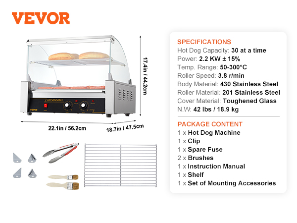 VEVOR hot dog roller with a stainless steel body, 30 hot dog capacity, adjustable heat, and accessories.