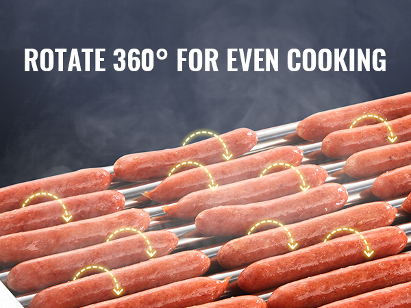 hot dogs rotating on the VEVOR hot dog roller with text: