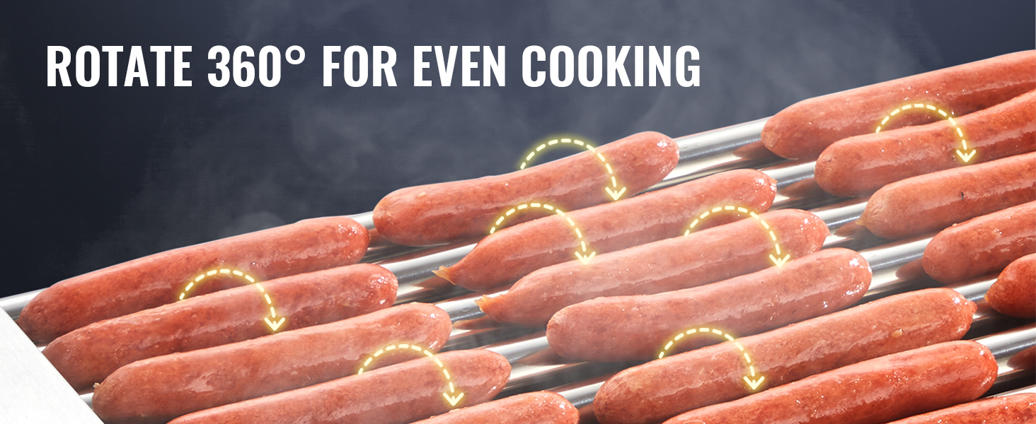 hot dogs rotating on the VEVOR hot dog roller with text: