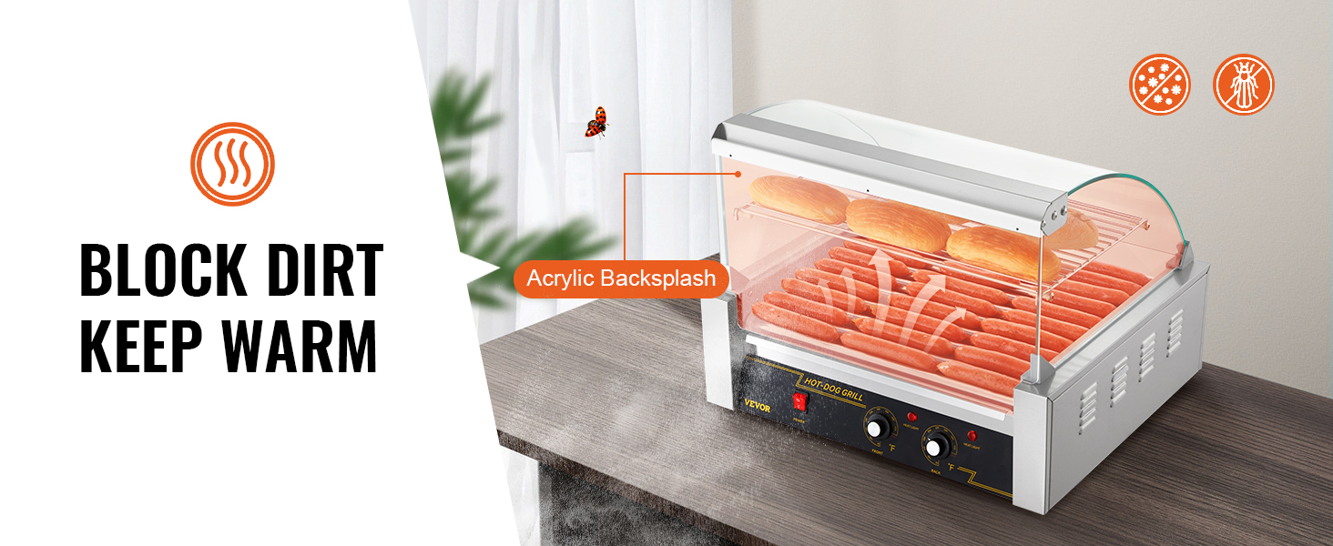 VEVOR hotdogu rullītis uz galda ar akrila aizdari, kas uztur hotdogus siltus un bloķē netīrumus.
