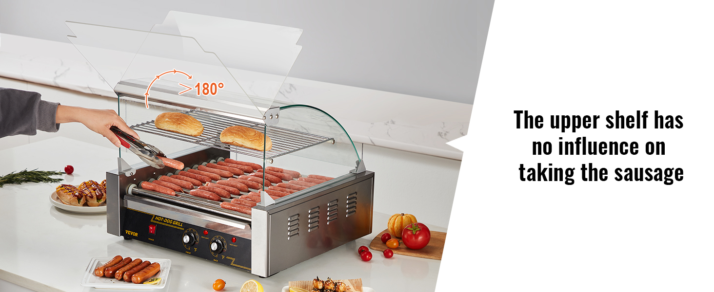 VEVOR hotdogu rullītis ar rotējošām desiņām, augšējo plauktu un knaiblēm uz darba virsmas.