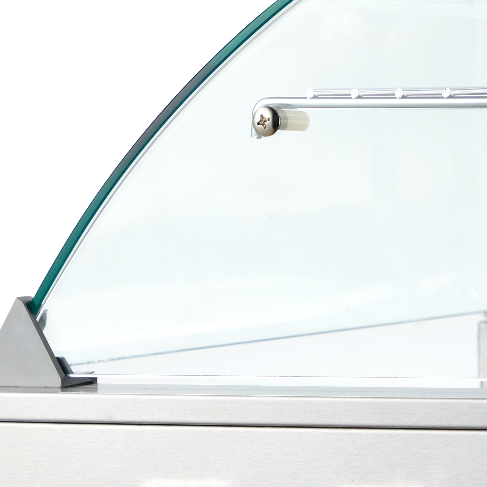 curved glass shield on the VEVOR hot dog roller with stainless steel frame for food protection.