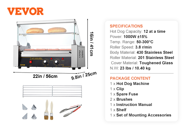 VEVOR hot dog roller with 12 hot dog capacity, 1000w power, and stainless steel body, includes accessories.