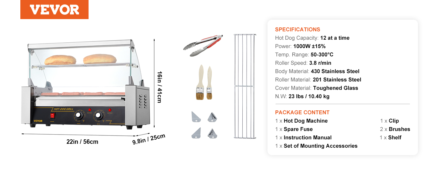 VEVOR hot dog roller with 12 hot dog capacity, 1000w power, and stainless steel body, includes accessories.