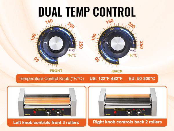 VEVOR hot dog roller with dual temp control knobs for front and back, adjustable 50-300°c.