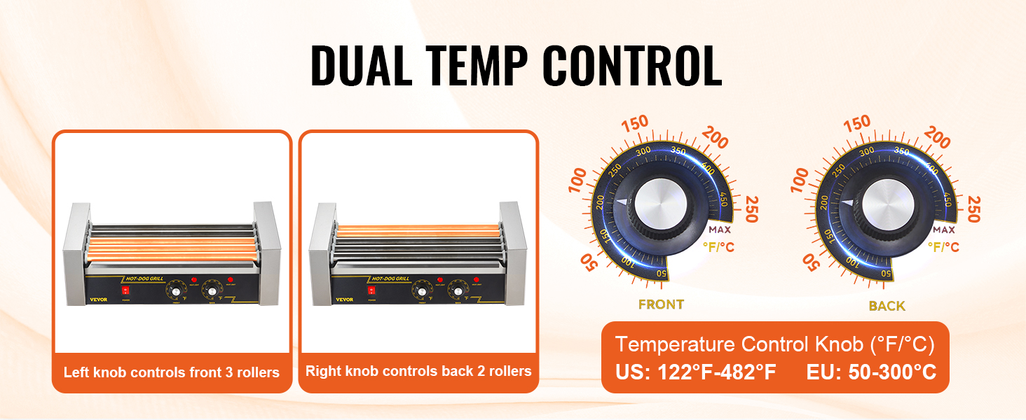 VEVOR hot dog roller with dual temp control knobs for front and back, adjustable 50-300°c.