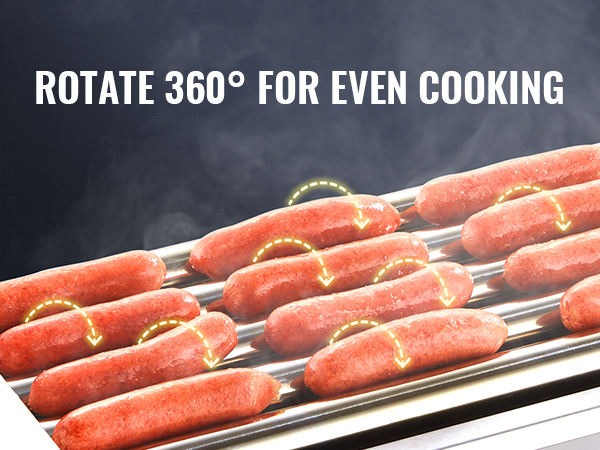 VEVOR hot dog roller showcasing nine rotating hot dogs evenly cooking on stainless steel rollers.