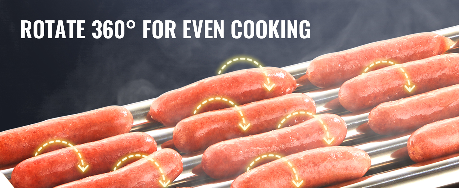 VEVOR hot dog roller showcasing nine rotating hot dogs evenly cooking on stainless steel rollers.