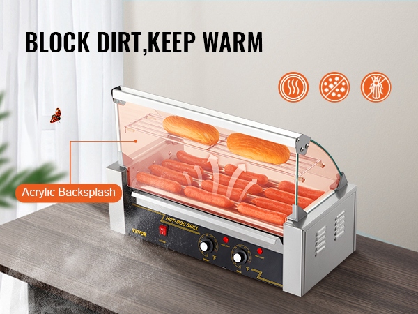 VEVOR hot dog roller with acrylic backsplash, keeping hot dogs warm and blocking dirt and bugs.