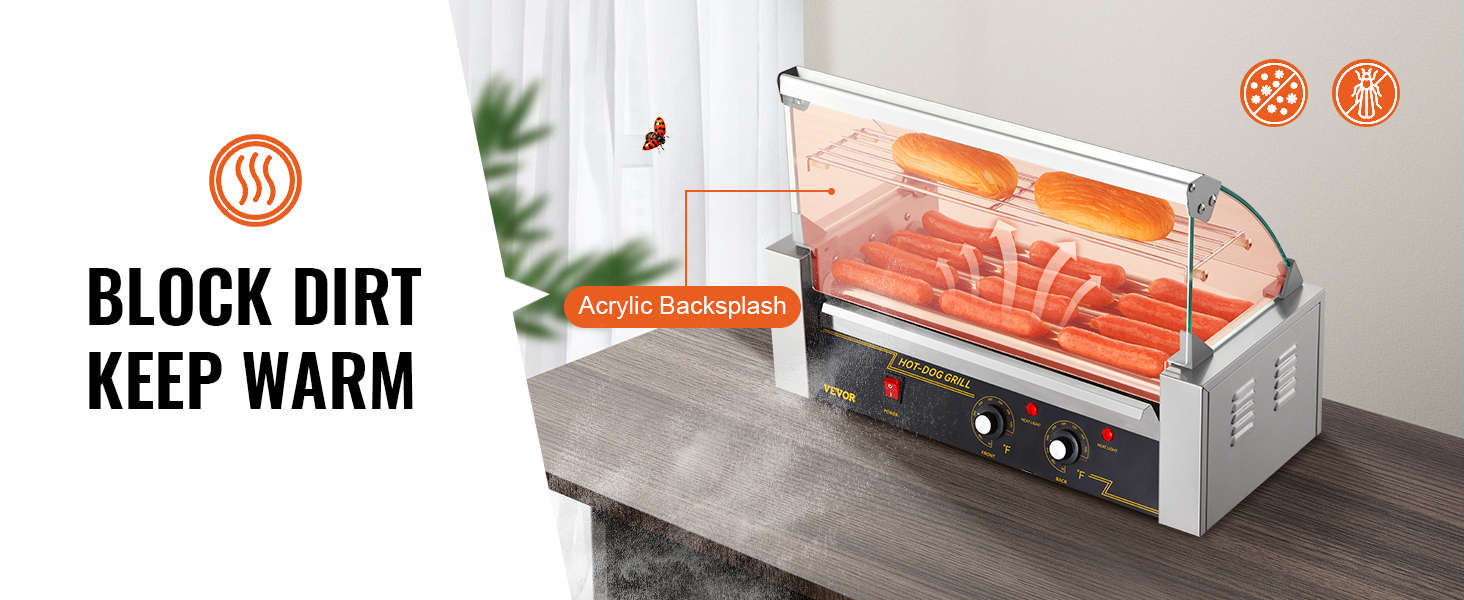 VEVOR hot dog roller with acrylic backsplash, keeping hot dogs warm and blocking dirt and bugs.