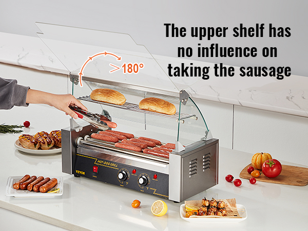 user grilling hot dogs on VEVOR hot dog roller with adjustable upper shelf and serving food.