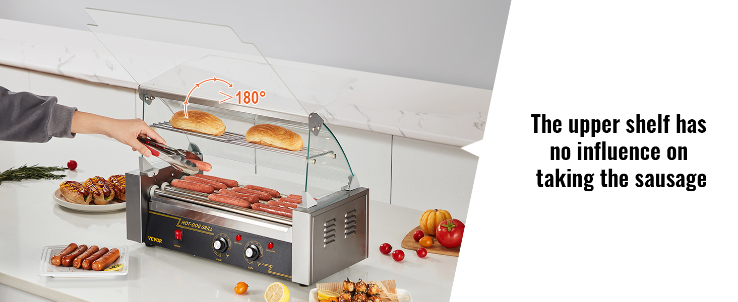 user grilling hot dogs on VEVOR hot dog roller with adjustable upper shelf and serving food.