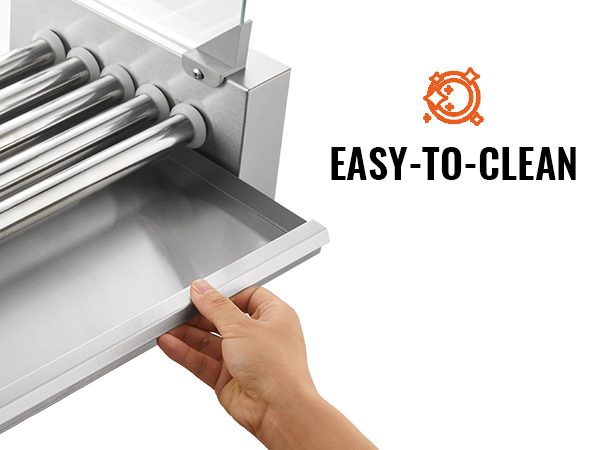 VEVOR hot dog roller with easy-to-clean removable drip tray being washed under running water.