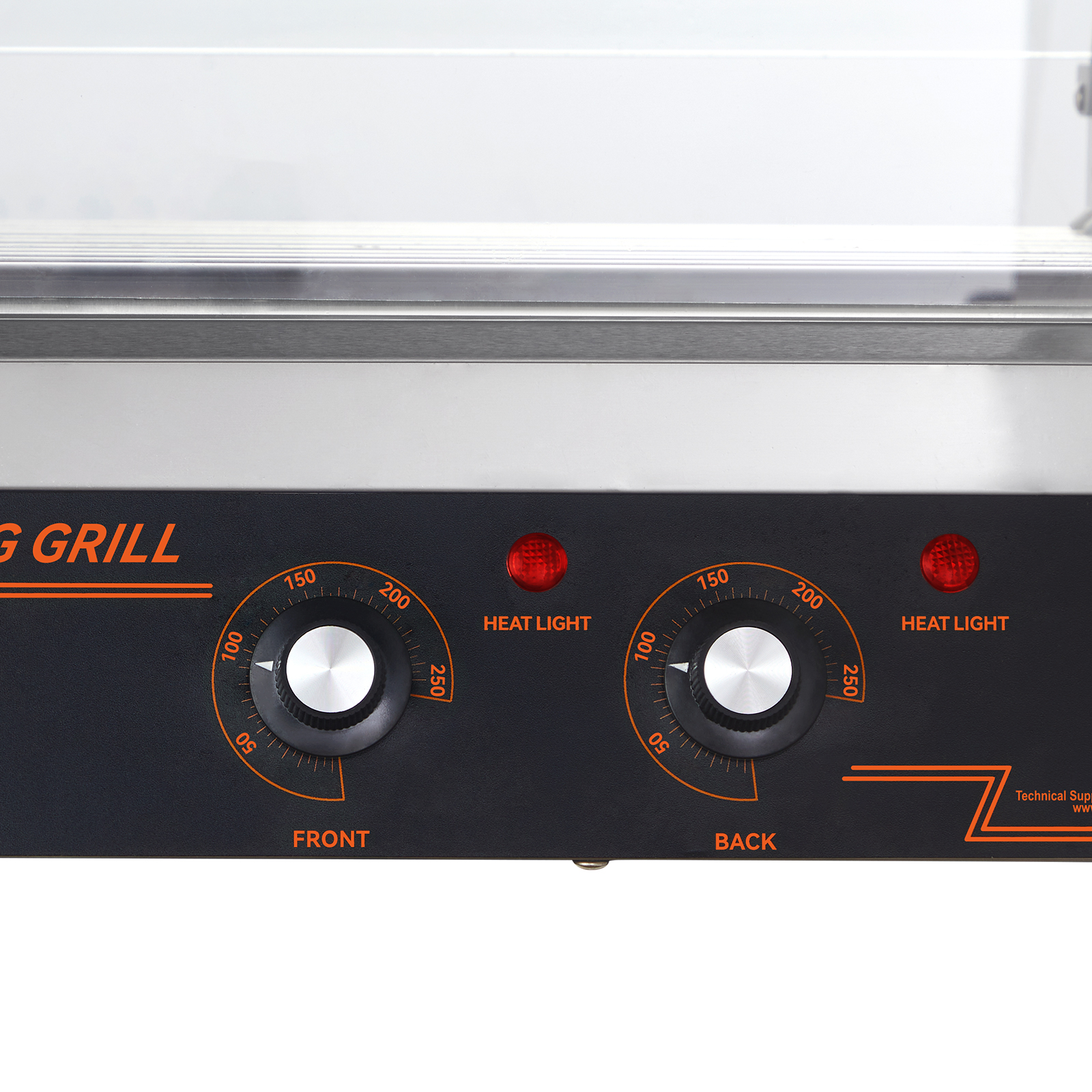 VEVOR hot dog roller control panel with front and back heat light knobs.